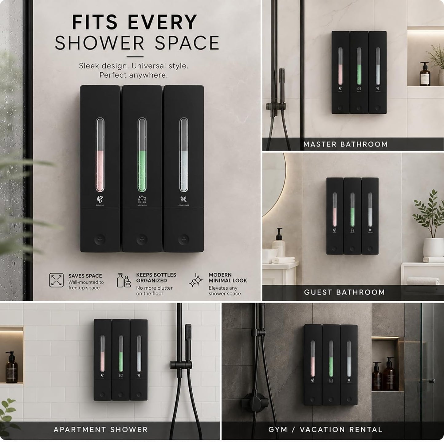 Shampoo and Conditioner Dispenser - Wall-Mounted 3-Chamber Shower Soap Dispenser, No-Drill, 1200ML Capacity, for Bathroom & Hotel