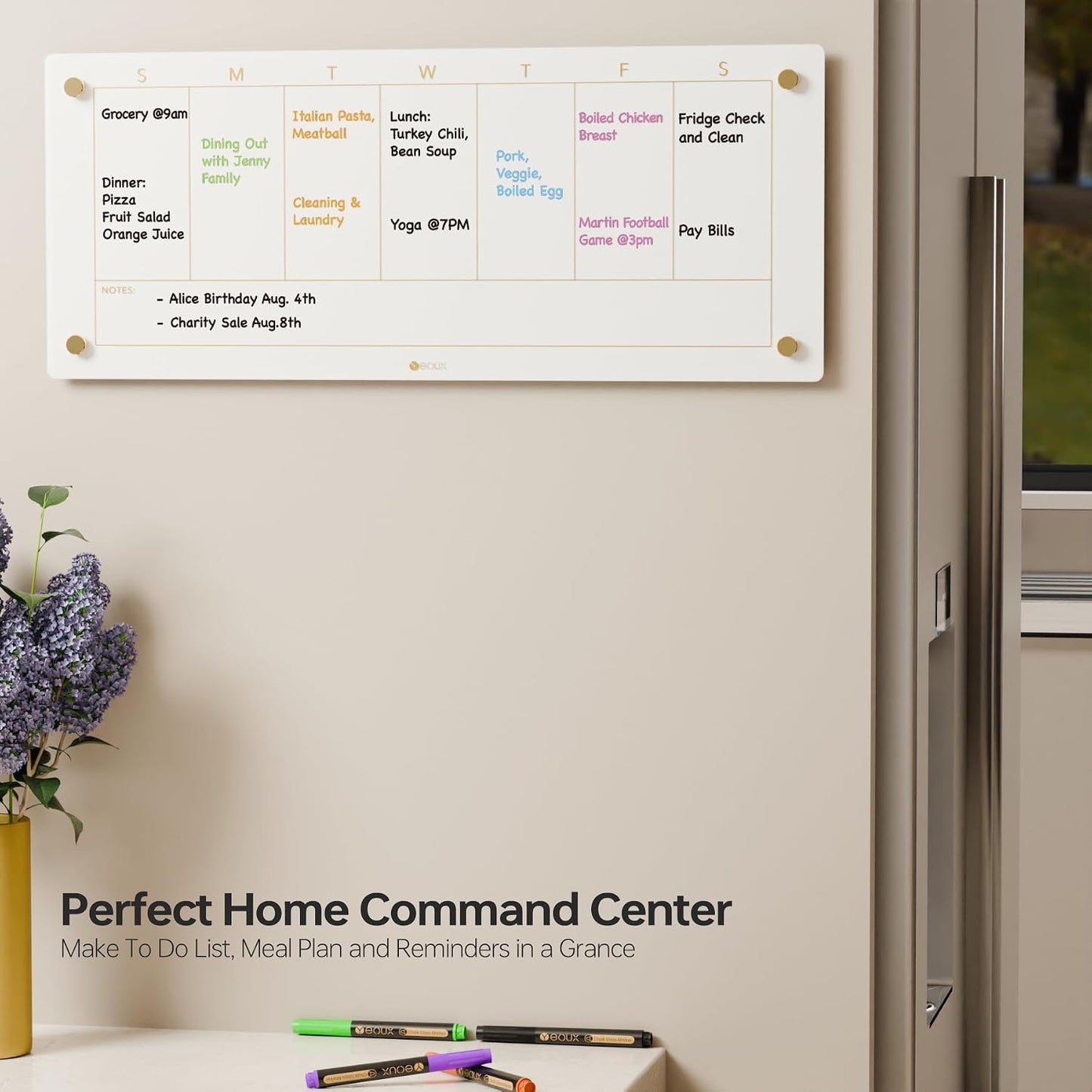 Yeoux Clear Glass Golden Weekly & Menu Dry Erase Calendar Board 15“x11 | Wall Mount, Non-Magnetic, Meal Planning & Grocery Shopping List Whiteboard for Kitchen & Home, 4 Markers