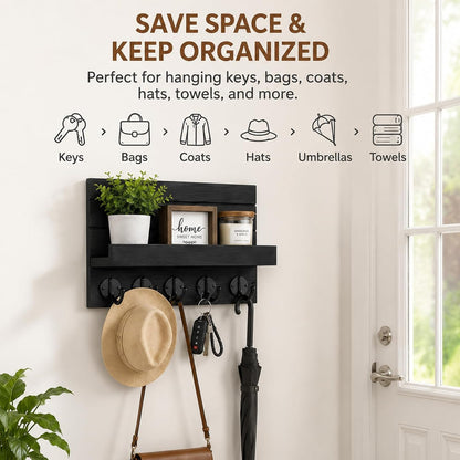 Key Holder for Wall, Decorative Key and Mail Holder, Key Holder Wall Mount with Shelf and Large Hooks, Easy Installation Key Rack for Entryway and Home Decor