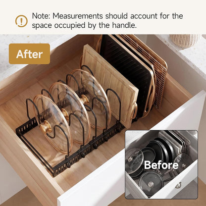 MUDEELA Pot Lid Organizer for Cabinet, Adjustable Baking Pan Rack 7 Slots | 7 Adjustable Divider, Tool-Free Assembly,Non-Slip, Scratch-Proof, Sturdy Metal Frame, For Pan Lid Cutting Board Bakeware