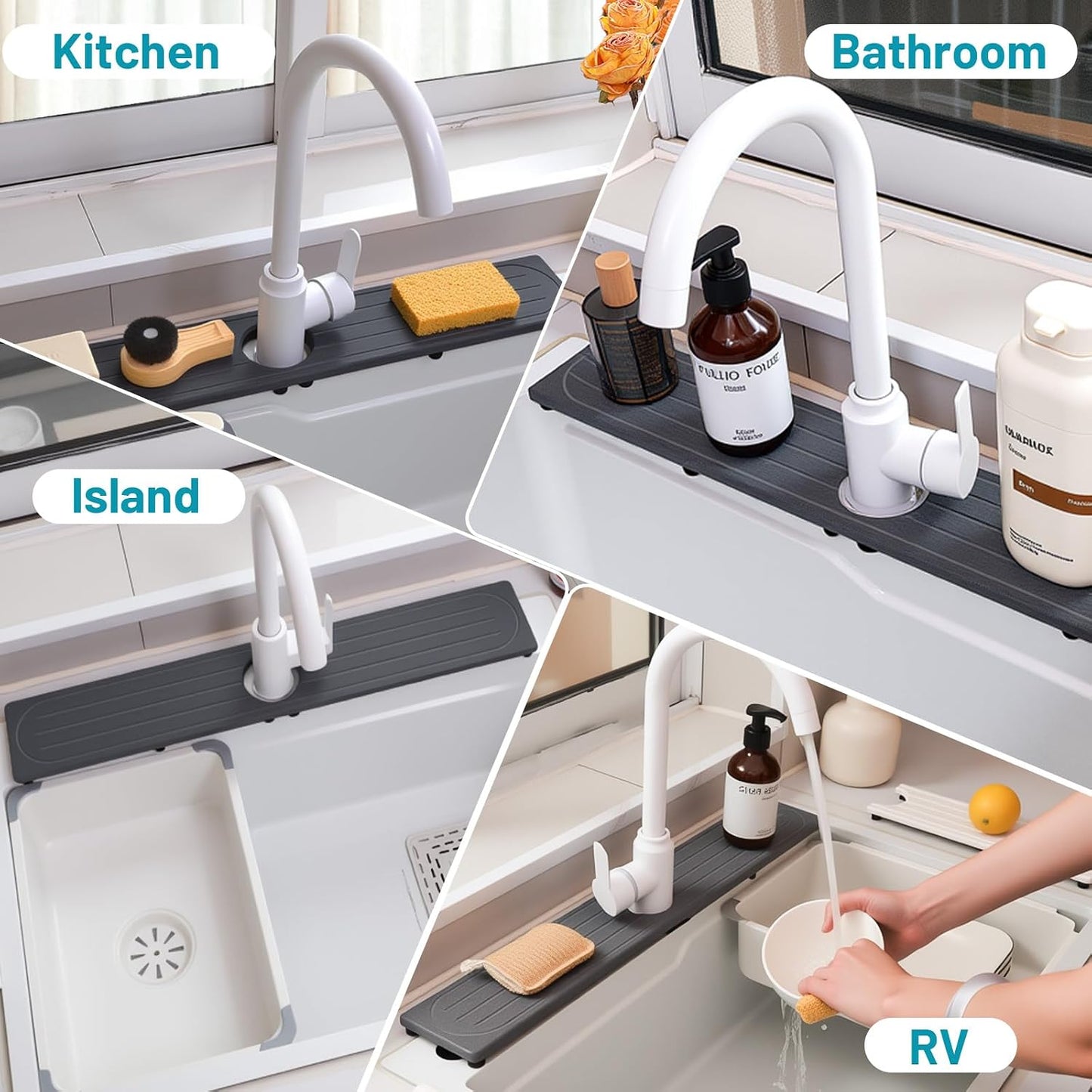 Faucet Mat for Kitchen Sink with Raised Feet, Stone Sink Mat Quick Dry around Faucet, Water Absorbent Stone Tray, Sink Splash Guard & Protectors, Stone Drying Mat for kitchen Counter