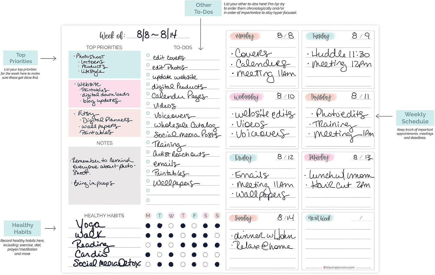 bloom daily planners Horizontal Weekly Magnetic Meal Planning Pad for Fridge with Tear-Off Grocery Shopping List - Hanging Food/Menu Organizer Notepad with Magnets - 8.5” x 11” - Lemons