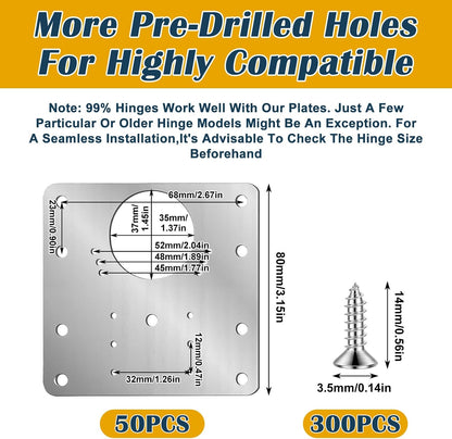 50PCS Upgraded Cabinet Hinge Repair Plate Kit: Durable Stainless Steel Mounting Fix Boards with 300 Screws for Kitchen Cabinets, Cupboard Doors & Furniture (3.15"x3.15")
