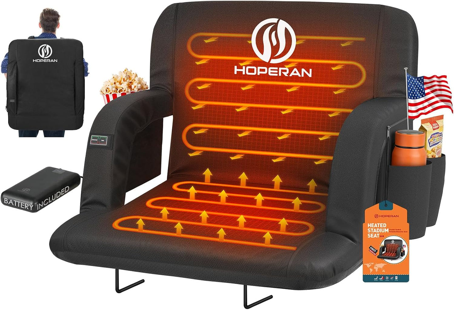 HOPERAN Heated Stadium Seats for Bleachers with Power Bank, Dual Control | Independent Seat & Back Heat (20000mAh Battery Included), Soft Cushion, 6 Recliner, Anti-Slip Stability, Side Pockets