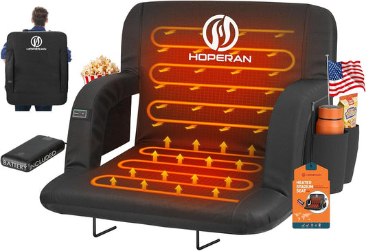 HOPERAN Heated Stadium Seats for Bleachers with Power Bank, Dual Control | Independent Seat & Back Heat (20000mAh Battery Included), Soft Cushion, 6 Recliner, Anti-Slip Stability, Side Pockets