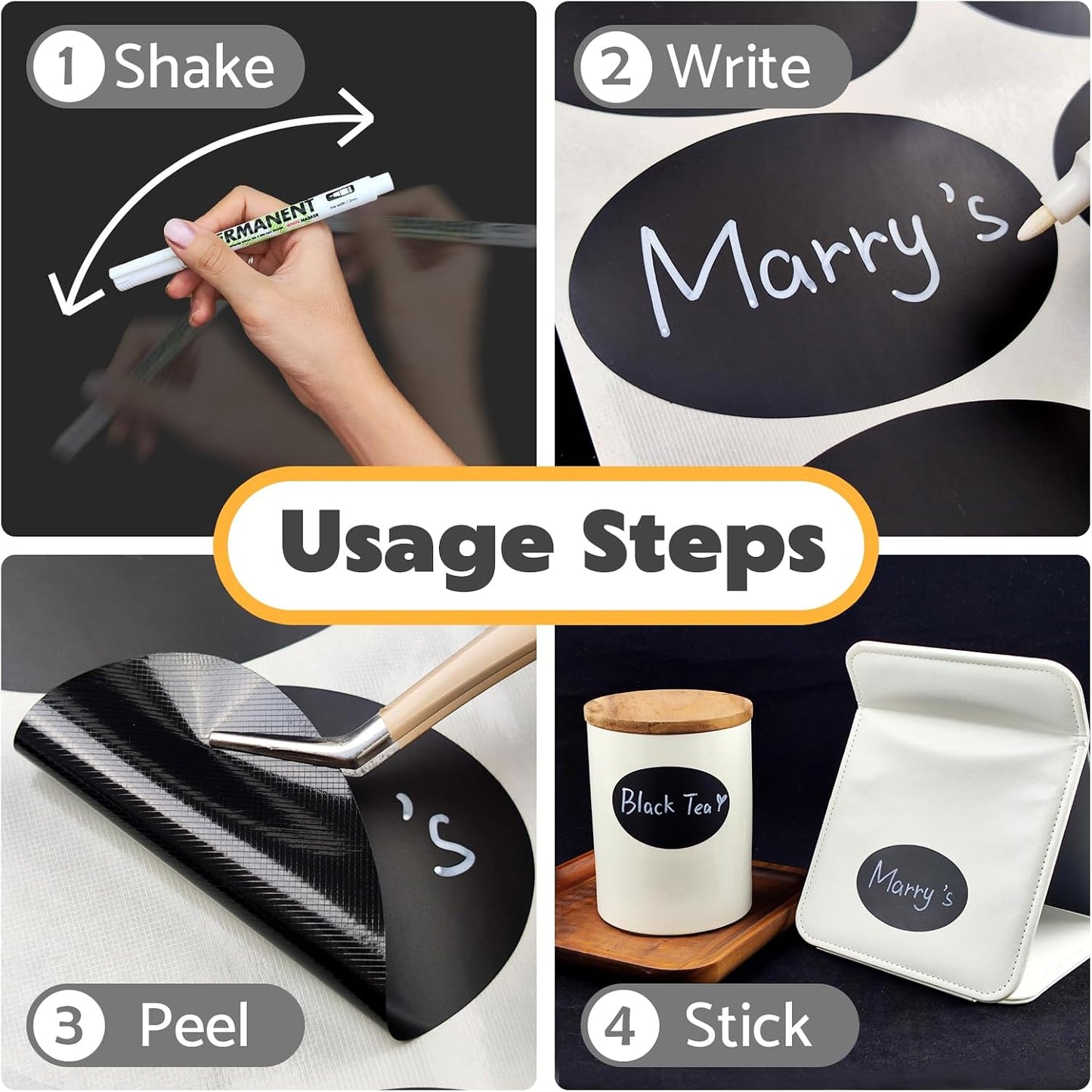 JIEHENG 180Pcs Labels for Jars,Black Wavy Stickers with 1 Chalk Markers | Black,Shape of Wavy,Reusable,Removable Labels for Storage Bins