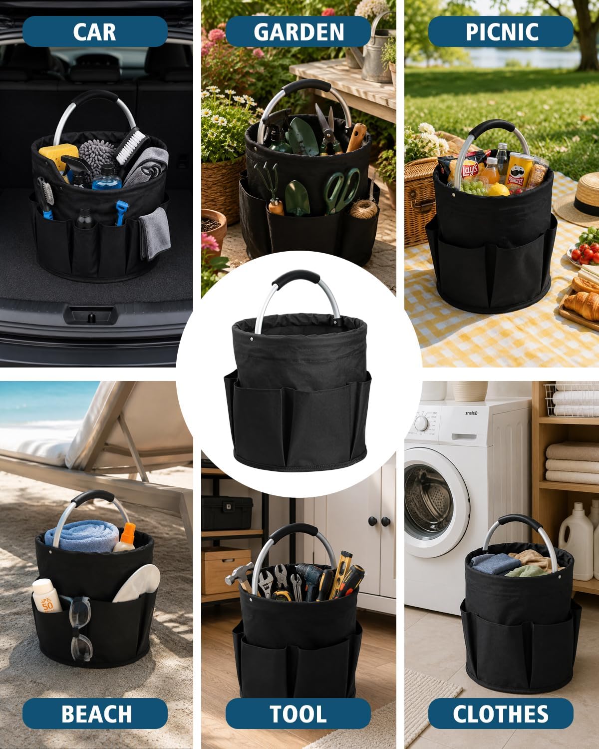 RAYBIN 17L Cleaning Caddy for Cleaning Supplies, Foldable Cleaner Basket | Housekeeping Products Organizer with Handle, Portable Large Storage Bucket for Home, Garden, Outdoor, Camping