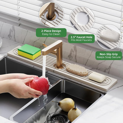 23.6 Inch Stone Faucet Mat for Kitchen Sink Splash Guard - Diatomite Quick Dry Stone Mat Kitchen Sink Protectors, Water-Absorbent Faucet Handle Drip Tray(White, 23.6" x 3.9")