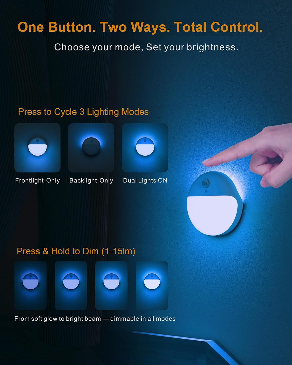 Small Motion Sensor Amber Night Light Battery Operated, Toilet Light | 2 Pack, 3 Modes, Dimmable 1-15lm, Dim Light Soft Glow, No Plug, Wireless Stick on Light for Bedroom, Sleep, Bathroom, Kids