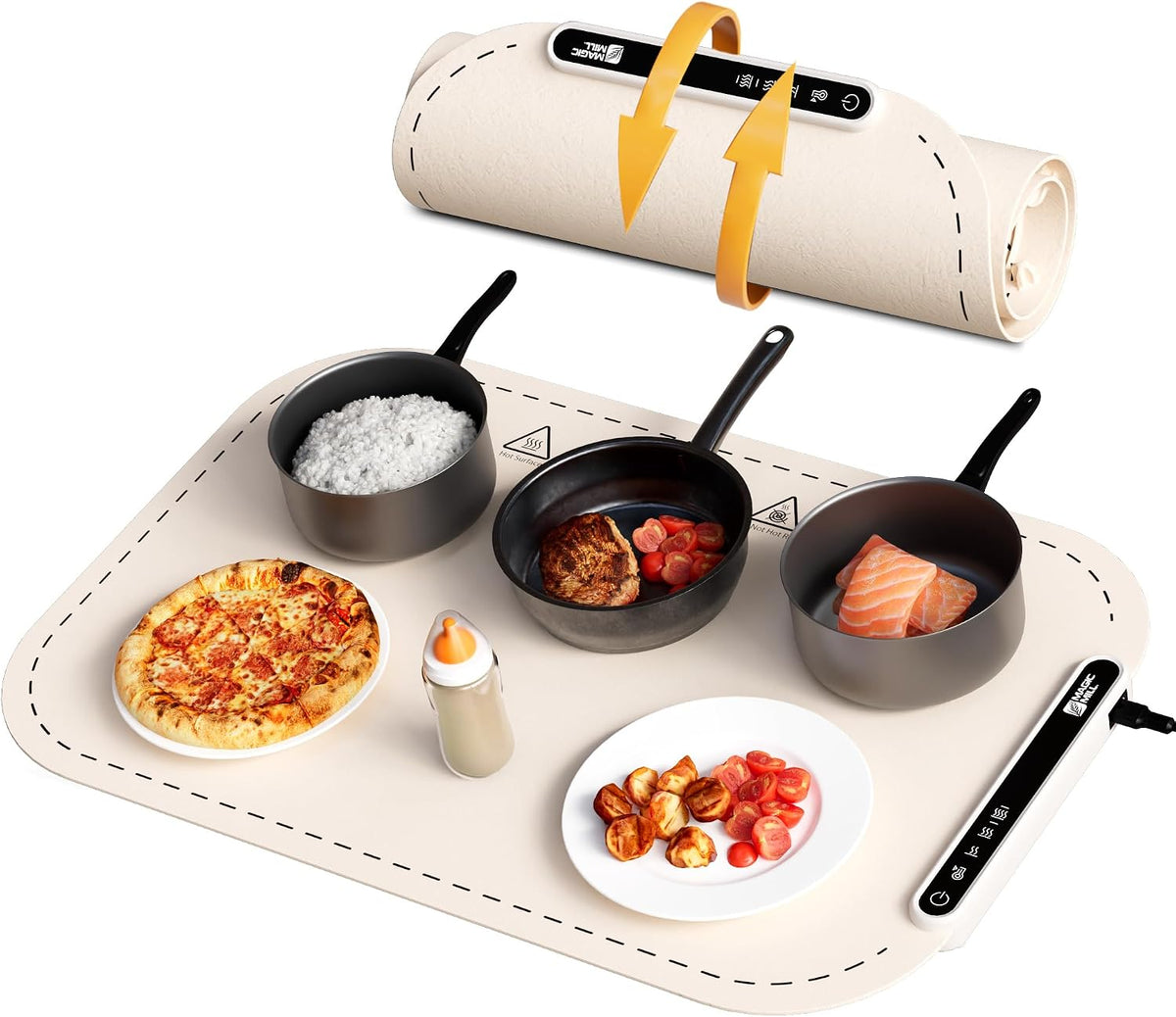 Magic Mill Warming Mat for Food - Premium XL Electric Warming Tray, 3 Temperature Levels, 10s Fast Heating Silicone Surface, Rollup Buffet Heat Pad, Non-Slip Feet, Ideal for Parties, Home, Travel