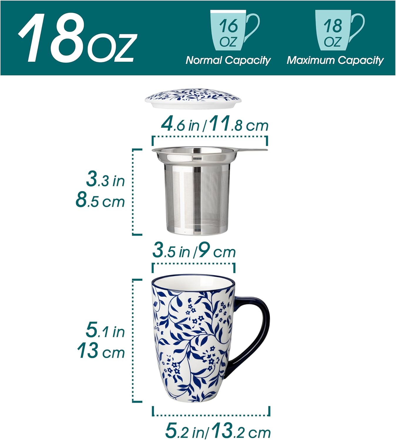 vancasso SELENE Porcelain Tea Mug, 18 oz Porcelain Tea Cup with Infuser and Lid Steeps Loose Leaf Tea, Microwave & Dishwasher Safe, Five-Leaf Clover