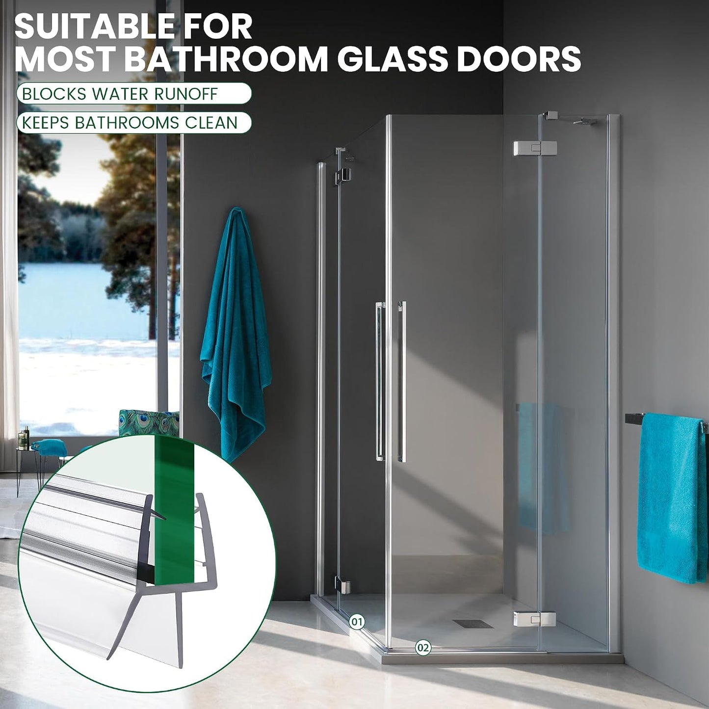 Bathroom Shower Glass Door Bottom Seal Strip, 2PCS 36 Inch Long Clear PVC Seal Strips for 5/16"(8mm) - 3/8"(10mm) Thick Framless Glass Door Panel