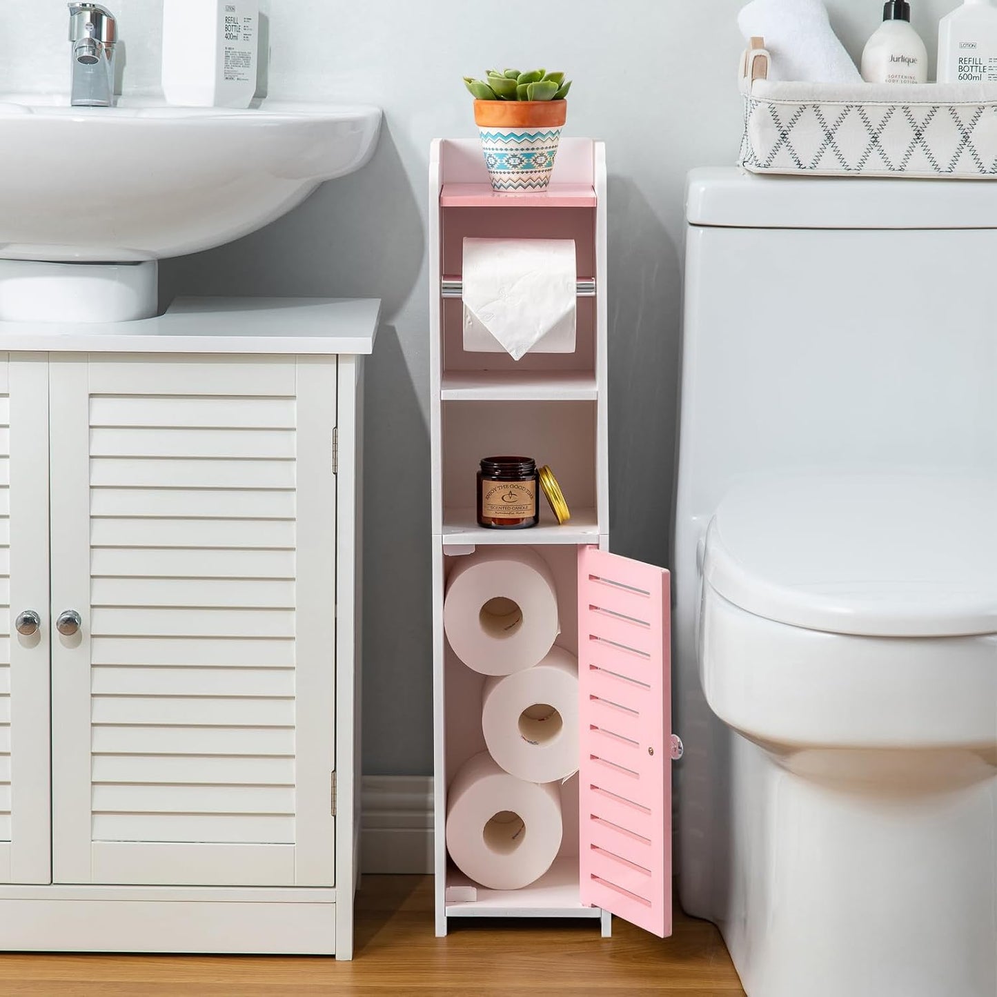 AOJEZOR Toilet Paper Holder Stand: Small Space Bathroom Storage for Renters