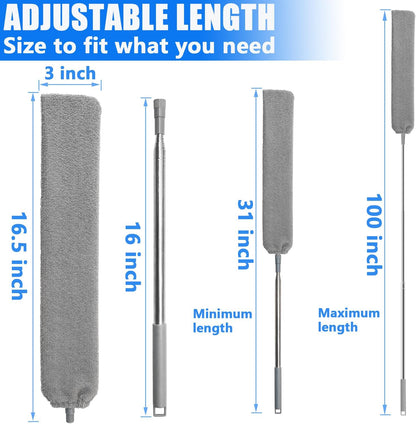 100 inches Retractable Gap Dust Cleaner Cleaning Tools with 4 Microfiber Dusting Cloths Long Handle, Washable and Retractable Duster Brush for Cleaning Under Appliances Furniture Couch Fridge