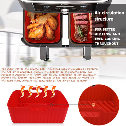 WMKGG Silicone Air Fryer Liners, 2PCS Air Fryer Silicone Liners | Reusable Rectangular Non-Stick Basket Accessories for Ninja Foodi Dual DZ201/DZ401 8-10QT