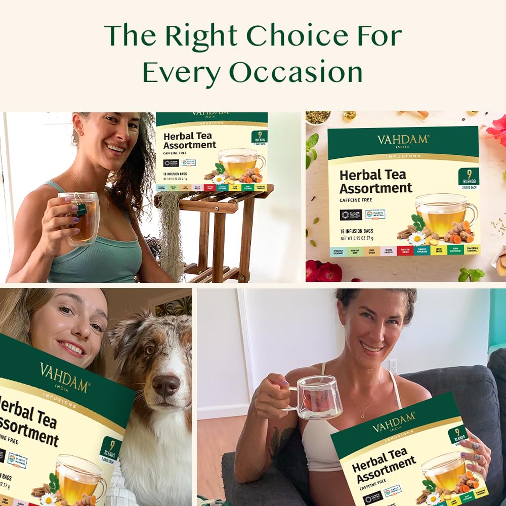 VAHDAM, Assorted Herbal Tea Sampler (18 Tea Bags, 9 Flavors) Caffeine-Free, Non-GMO | Double Infusion, Individually Enveloped Tea Bags | Herbal Tea Assortmen