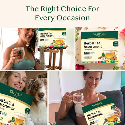 VAHDAM, Assorted Herbal Tea Sampler (18 Tea Bags, 9 Flavors) Caffeine-Free, Non-GMO | Double Infusion, Individually Enveloped Tea Bags | Herbal Tea Assortmen