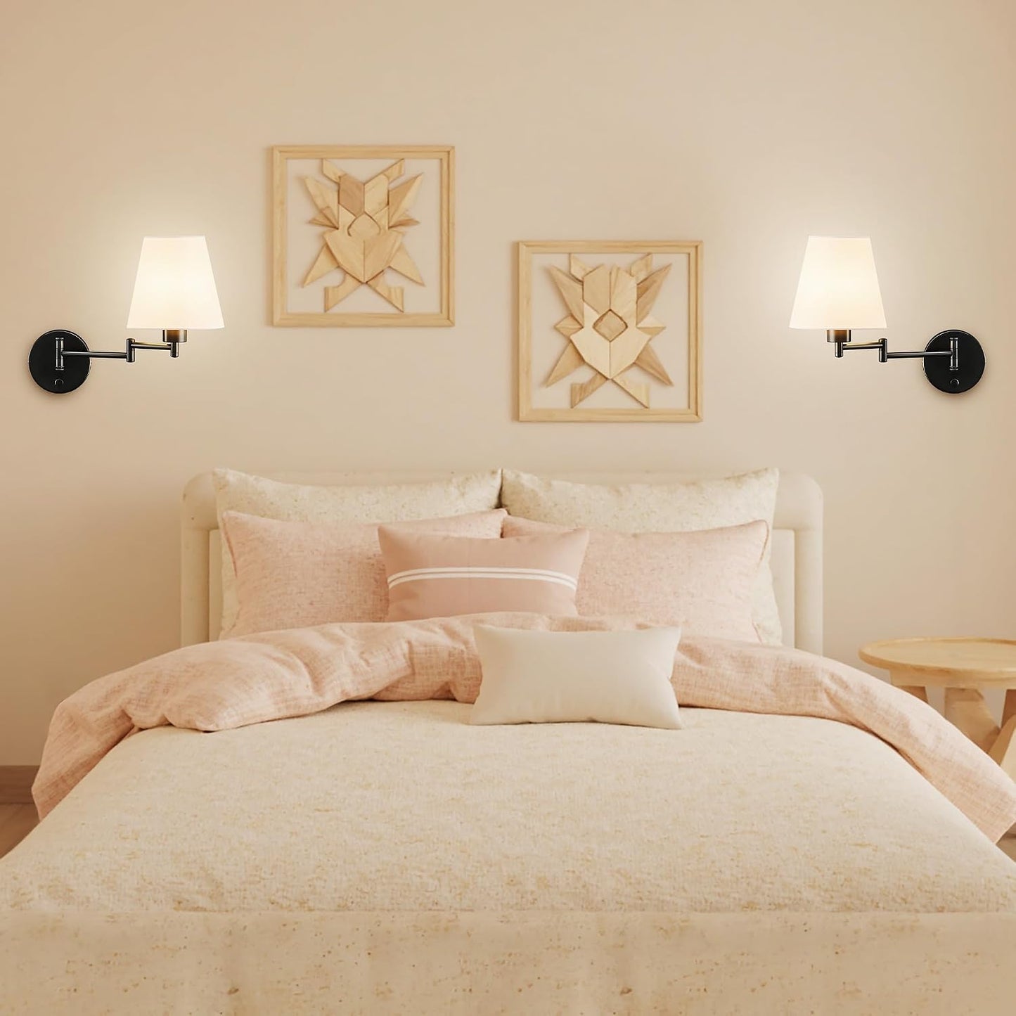 VONLUCE Wall Lamp, Plug in & Swing Arm Wall Sconce, Nickel Finish | Modern Wall Lights with White Fabric Shades, Plug in & Hardwired Wall Mounted Light for Bedside, Living Room, Hallway