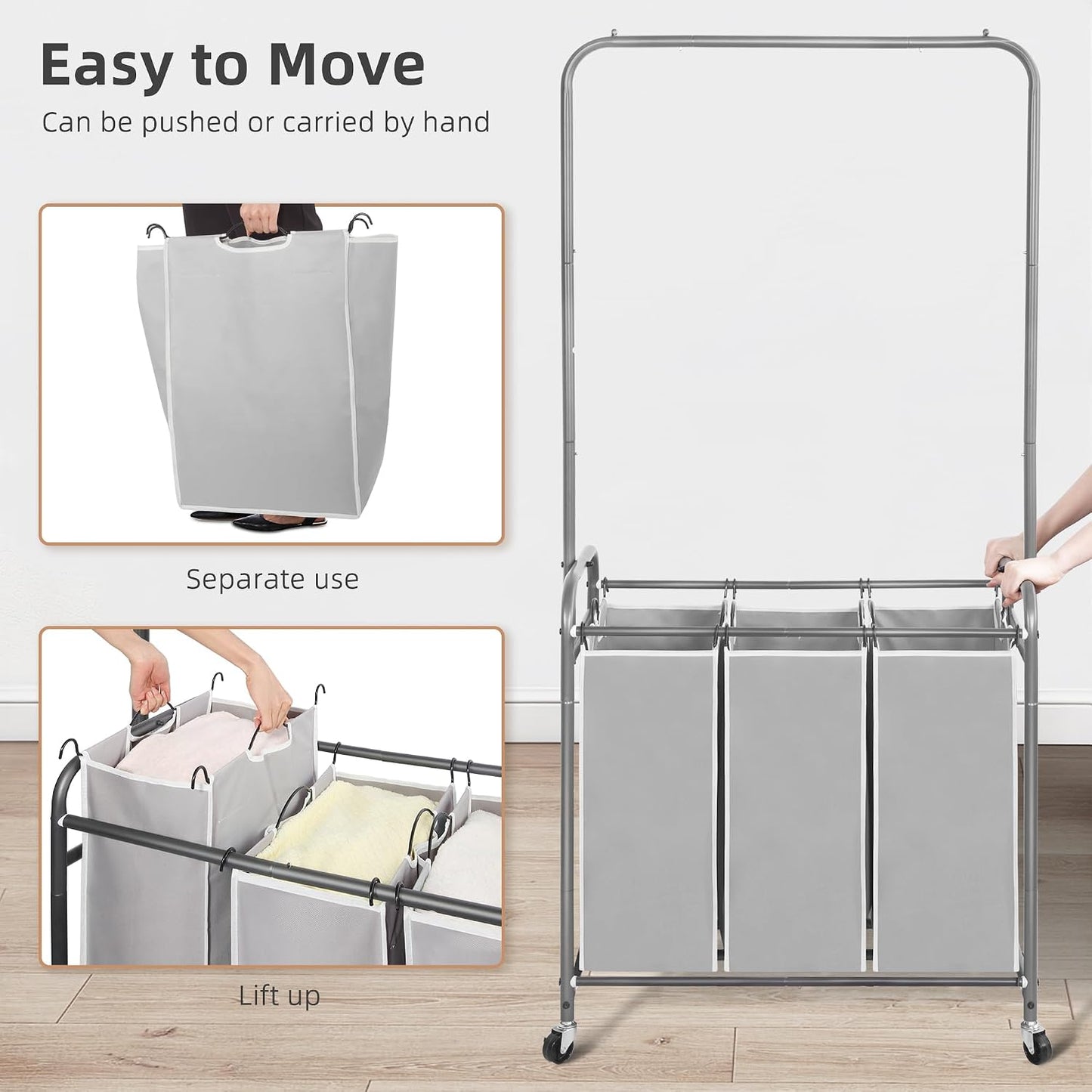 STORAGE MANIAC Laundry Sorter with Hanging Bar, Portable, Removable Laundry Hamper Cart with Heavy Duty Lockable Wheels and Removable Bags, Rolling Laundry Basket Organizer 181L, 4 Section Gray