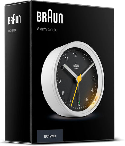Braun Classic Analogue Alarm Clock with Snooze and Light, Quiet Quartz Movement, Crescendo Beep Alarm in White, Model BC12W.