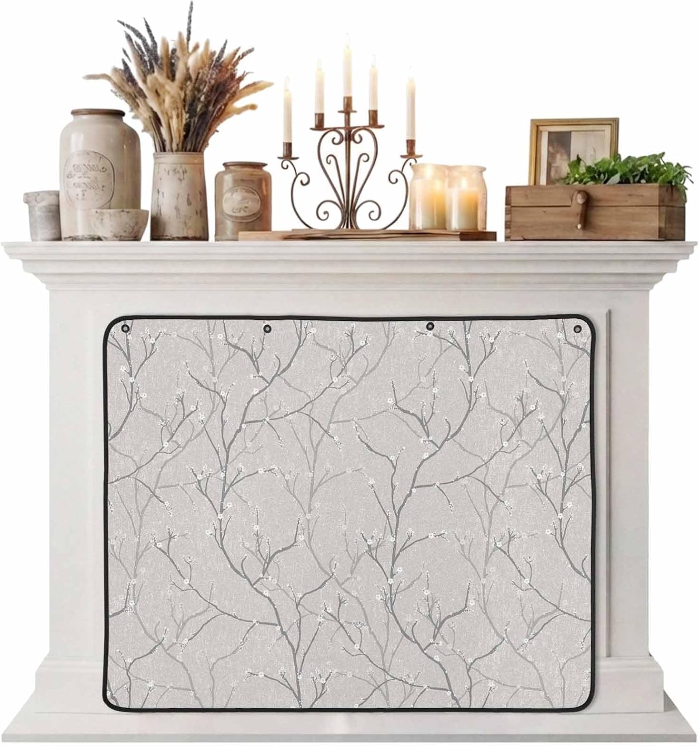 Magnetic Fireplace Cover White Vines Fireplace Screen Decorative Flowers Leaves Tree Branches Insulation Fireplace Blocker Blanket Save Energy Fireplace Draft Stopper Covers for Living Room 39x32 Inch