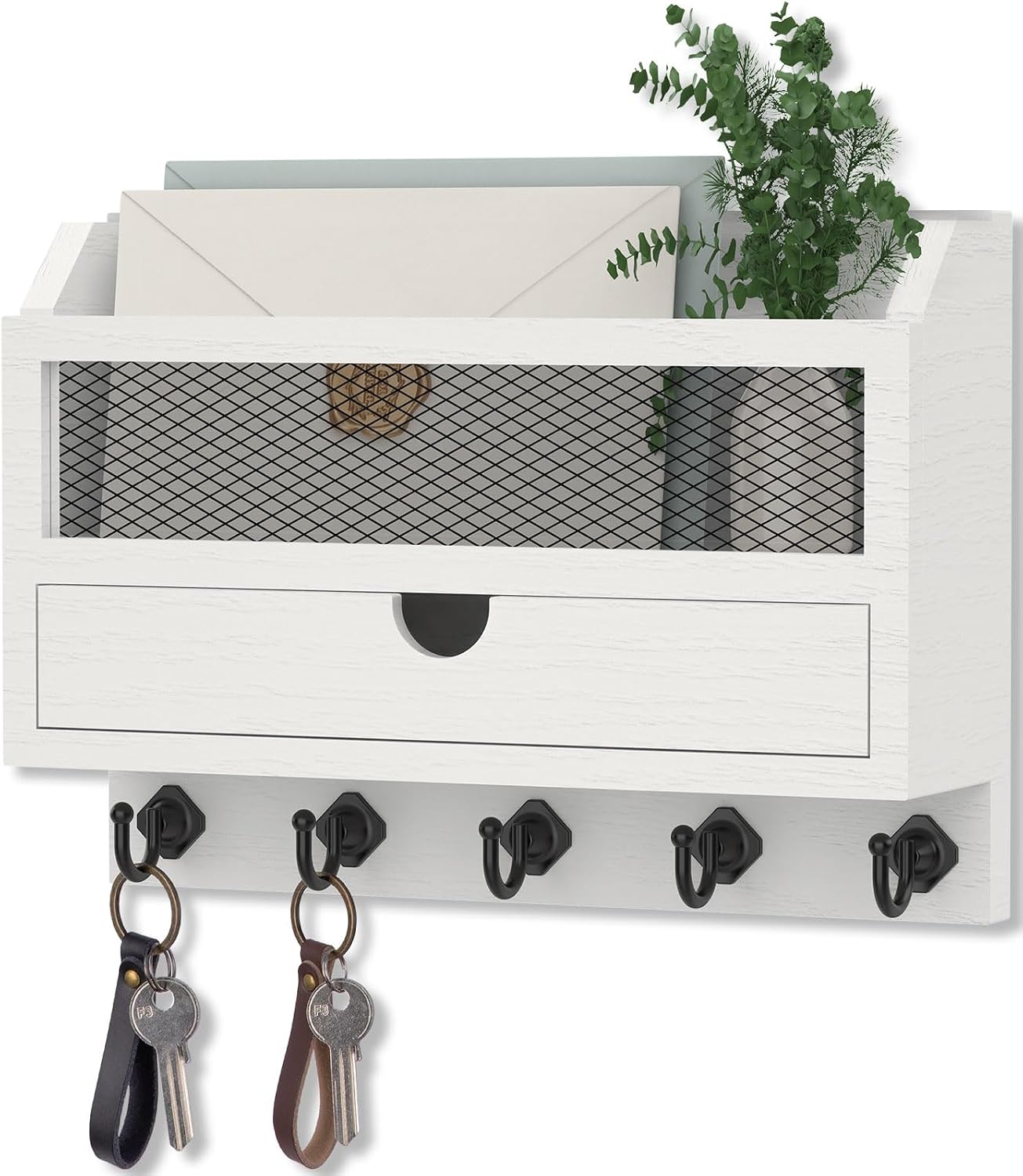 Nekon Key and Mail Holder for Wall, Key Organizer with Drawer, White | 11"W x 7.9"H x 3.1"D Wooden Key Rack with 5 Hooks, Mail Organizer for Home Decor
