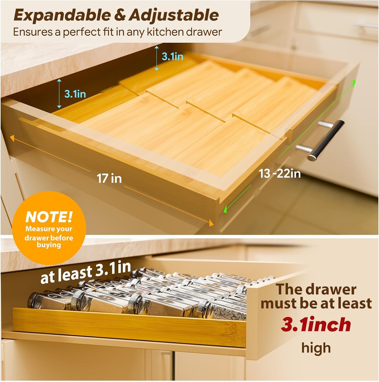 Simple Trending 4-Tier Expandable Bamboo Spice Drawer Organizer | Drawer Seasoning Storage Insert, Kitchen Spice Rack for Cabinet, Countertop (Jars not included, From 12.25" to 21.65" Wide)