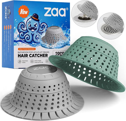 Bathtub Drain Strainer Silicone Bathroom Stopper Fixture Accessories | 2-Pack Gray Collapsible Shower Drain Hair Catcher for Pop Up Tubs, Traps Hair Before Clogs, Easy Clean for Bathroom Sinks