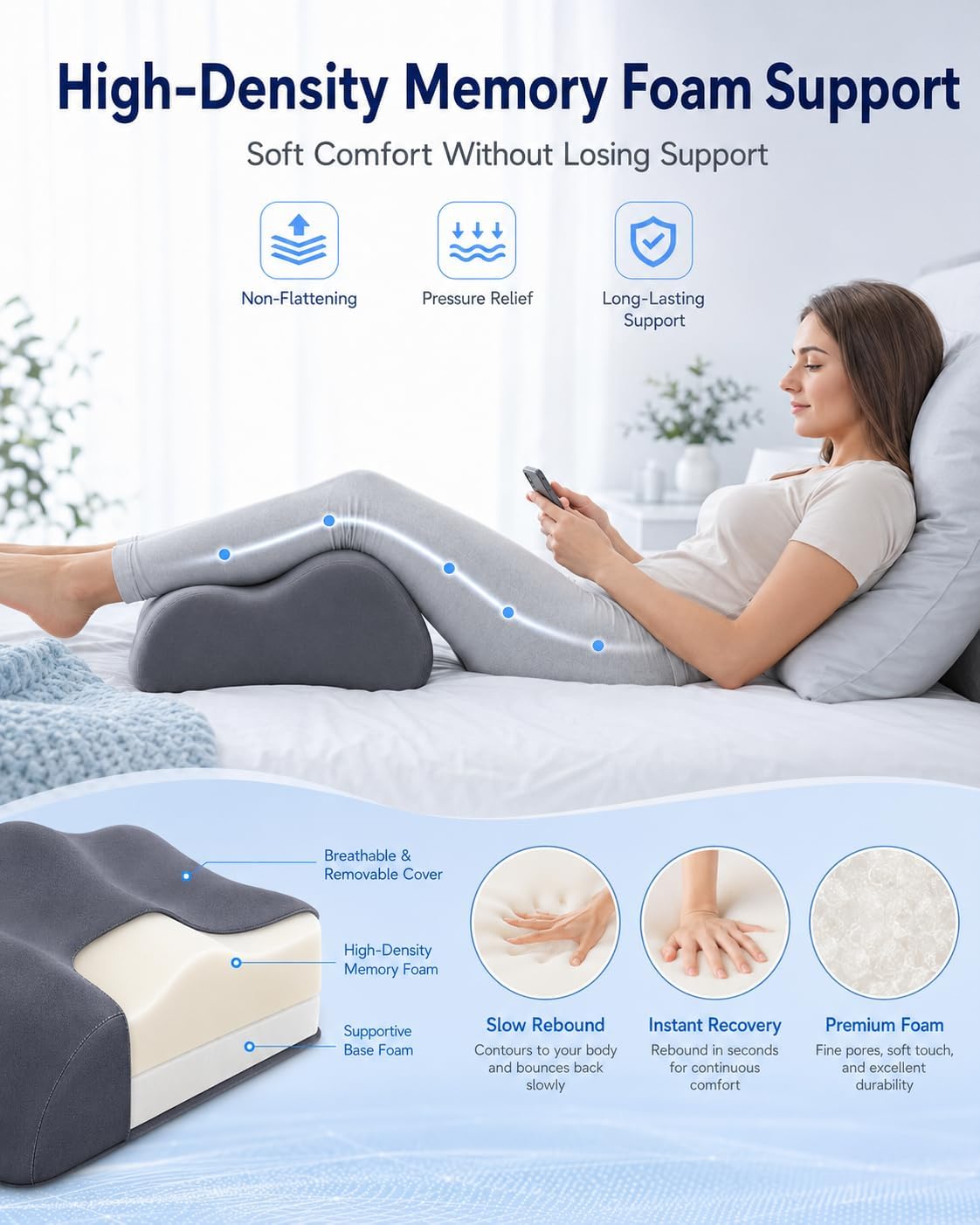 Knee Pillow for Back Sleeping, 5.7" Memory Foam Leg Pillow | Yoga Bolster Pillow, Support Pillow Between Legs for Sleeping, Under Knee Pillow for Sleeper