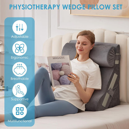 MEGCXIT 3PCS Bed Wedge Pillow for Headboard, Adjustable Wedge Pillow for Sleep Apnea, 23” Wide Triangle Pillow Wedge Set for After Surgery, Acid Reflux Relief, Snoring, Neck&Back Support, White/Grey