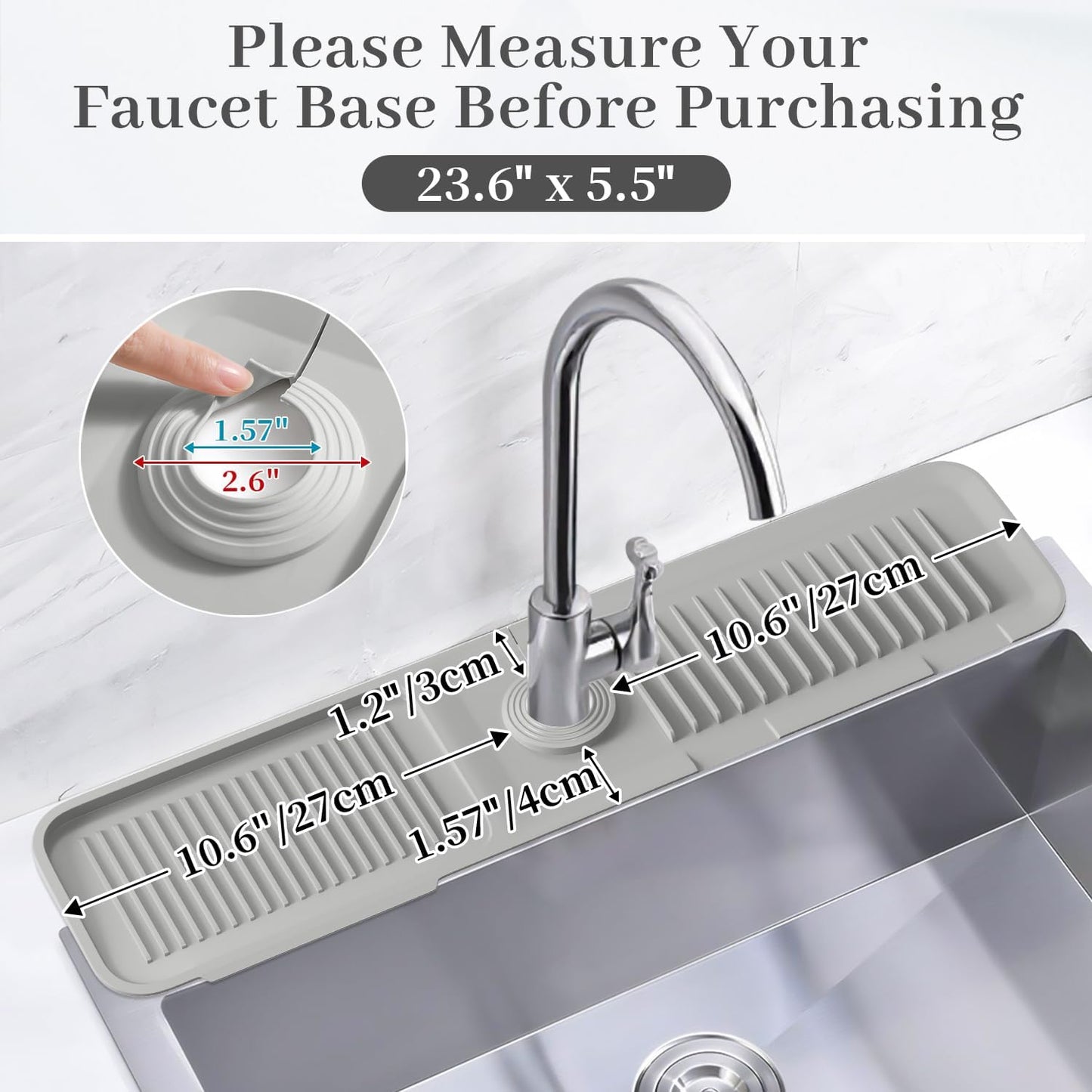 PoYang 23.6 Inch Silicone Sink Splash Guard, Kitchen Sink Mat, Light Grey | Faucet Mat with Wide Drainage & Cuttable Hole, Keeps Faucet Base Dry, Long & Short Sink Protectors for Kitchen, Bathroom & RV