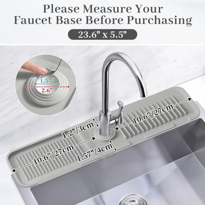 PoYang 23.6 Inch Silicone Sink Splash Guard, Kitchen Sink Mat, Light Grey | Faucet Mat with Wide Drainage & Cuttable Hole, Keeps Faucet Base Dry, Long & Short Sink Protectors for Kitchen, Bathroom & RV