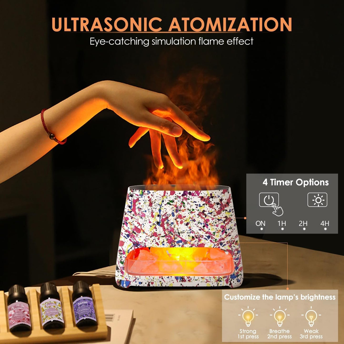 SALKING 2-in-1 Ultrasonic Essential Oil Diffuser & Himalayan Salt Lamp, Aromatherapy Diffuser Cool Mist Humidifier with Auto Off Function, 100% Pure Himalayan Pink Salt Rock, 150ml (Wooden Grain)