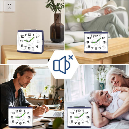 DTKID Large Alarm Clock for Bedside, Silent Non-Ticking Analog Clock with Night Light, Battery Powered, Gradually Increasing Alarm for Heavy Sleepers, Seniors