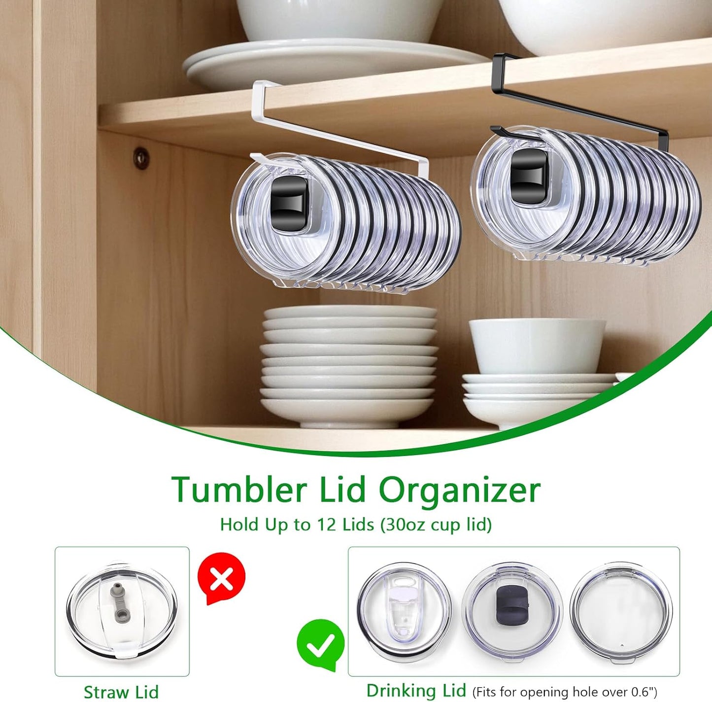 2 Pack Tumbler Lid Organizer, Flat Wire Cup Lid Storage Rack, Black | Carbon steel, slide-on design, fits 0.39 in or wider drink openings and shelves up to 0.90 in, no drilling or adhesive