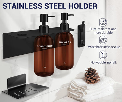 Shampoo Conditioner Body Wash Dispenser Bonus Soap Dish and Hook, Amber | 17 fl oz Set of 3 Amber Plastic Bottles with Black Pumps, Drill Free Adhesive Bathroom Organizer, Dorm Room Essentials