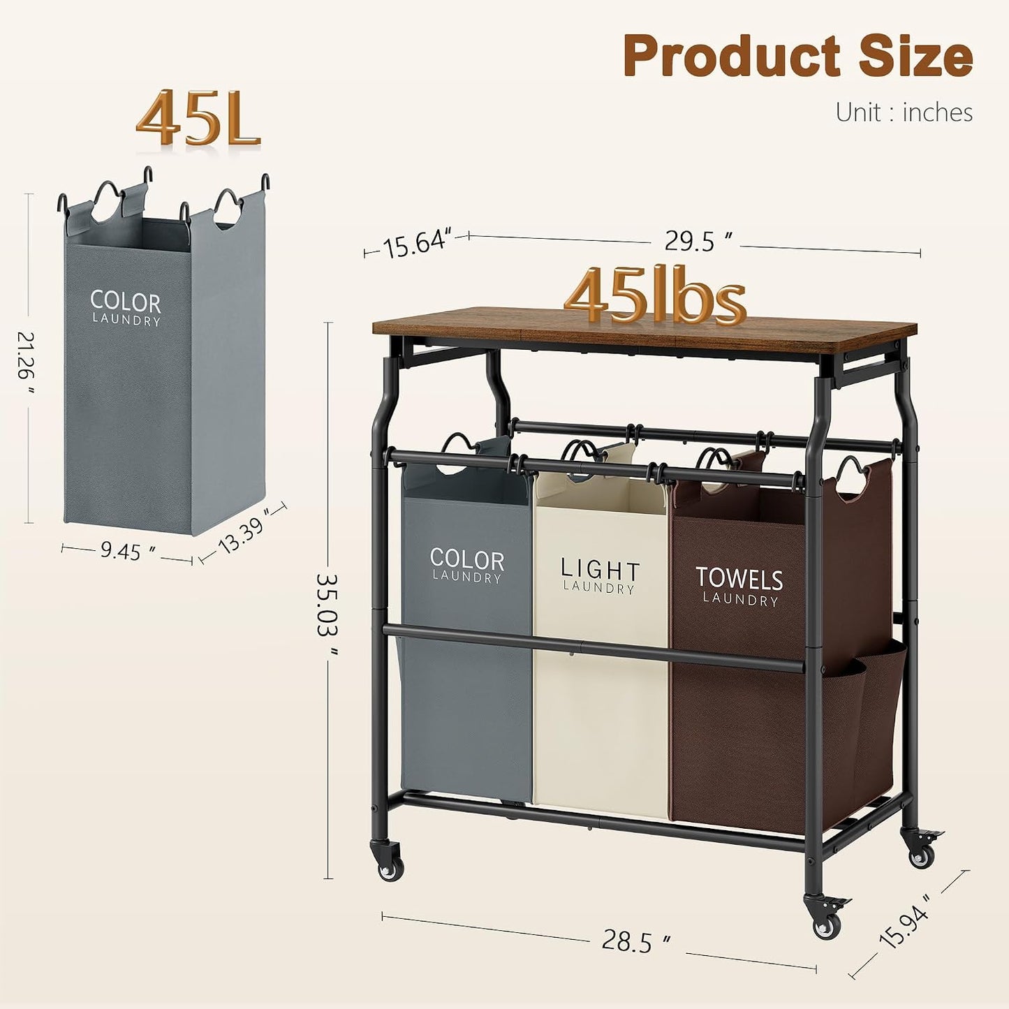 Hoctieon 3 Section Laundry Sorter with Iorning Board, Laundry Hamper, Black | Lockable Wheels, Laundry Basket Organizer with Wheels, Heavy Duty Clothes Organizer, Large Clothes Separator, Removable Bags
