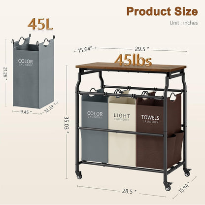 Hoctieon 3 Section Laundry Sorter with Iorning Board, Laundry Hamper, Black | Lockable Wheels, Laundry Basket Organizer with Wheels, Heavy Duty Clothes Organizer, Large Clothes Separator, Removable Bags