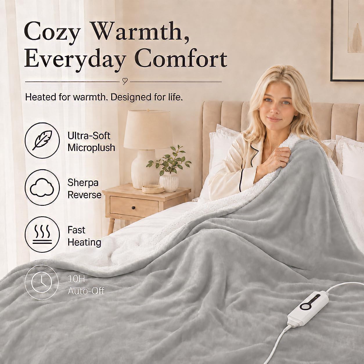 Electric Heated Blanket Full Size 72"x84" – Light Gray | ETL for Safe Overnight, 4 Heat Settings & 10H Auto Off, Dual-Sided Microplush Sherpa for Home Night, Machine washable