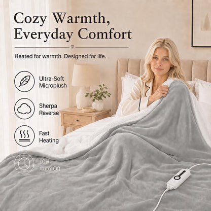 Electric Heated Blanket Full Size 72"x84" – Light Gray | ETL for Safe Overnight, 4 Heat Settings & 10H Auto Off, Dual-Sided Microplush Sherpa for Home Night, Machine washable