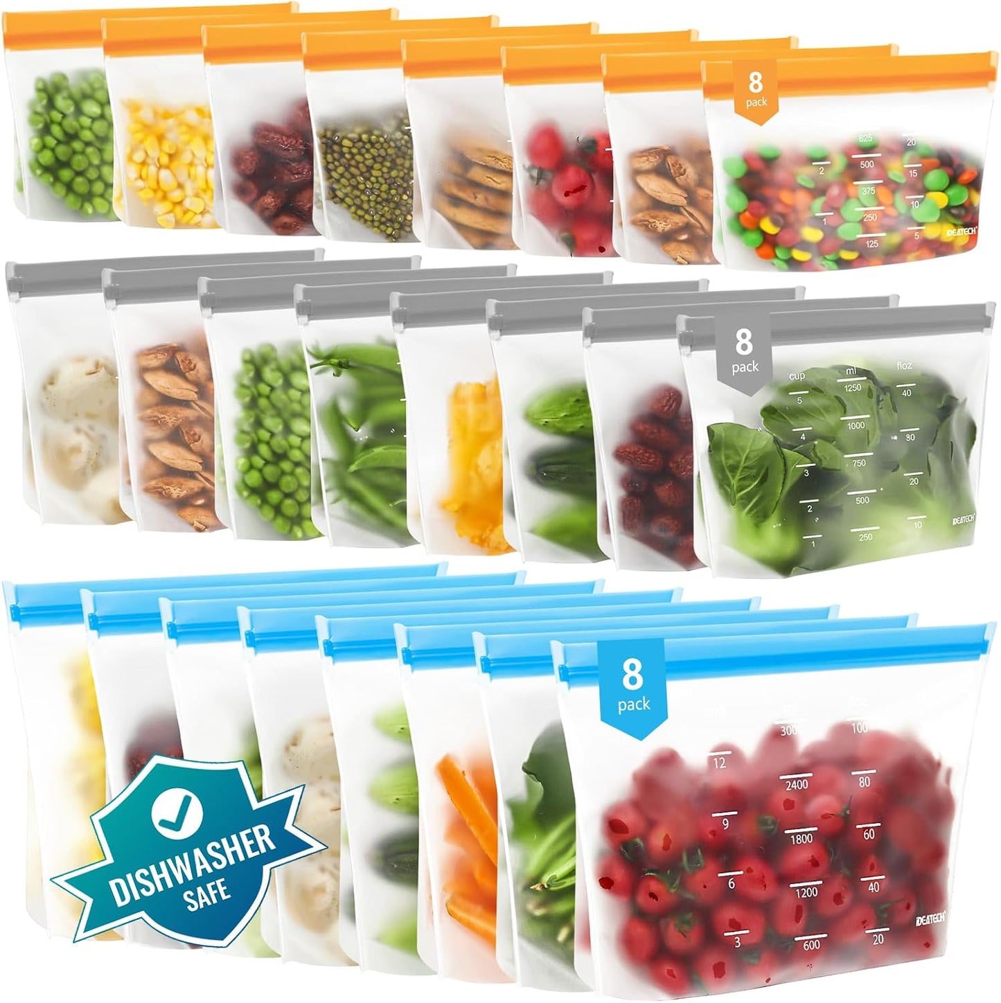 IDEATECH Reusable Bags Dishwasher Safe, BPA Free Reusable Gallon Freezer Bags, Stand Up Leakproof Food Storage Bags for Marinate Meats, Salad Fruit, Vegetables, Home Organization -Gray 6 Large Bags