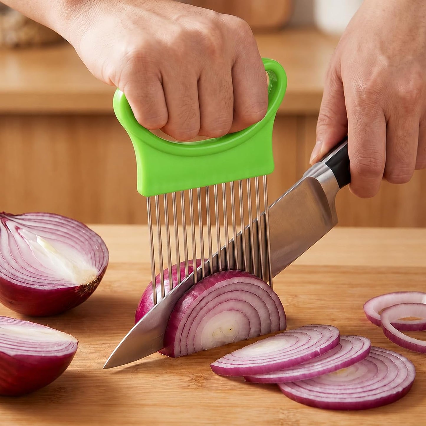 4Pcs Onion Slicer Holder, Onion Slicing Holder Cutter Tool | Stainless Steel Veg Cutter with Cover, Food Slicer Assistant Tool for Tomato Lemon Avocados Vegetables Fruit