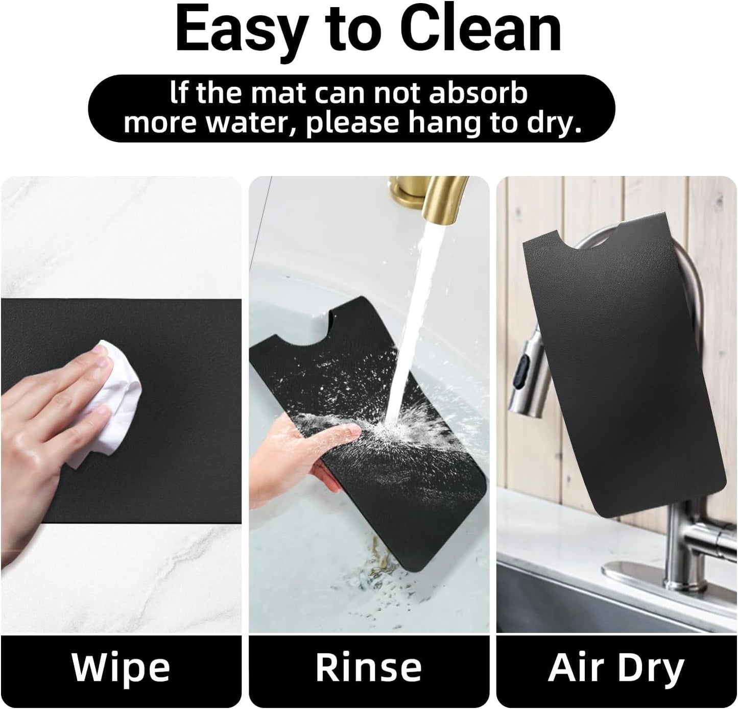 LOPNUR Cuttable Faucet Mat for Kitchen Sink, Extra Long 29 Inch, Black | Super Absorbent & Fast Dry Diatomite Sink Splash Guard, 0.8-2.4 Inch Adjustable Faucet Hole, Cut to Fit Bathroom & RV Sinks