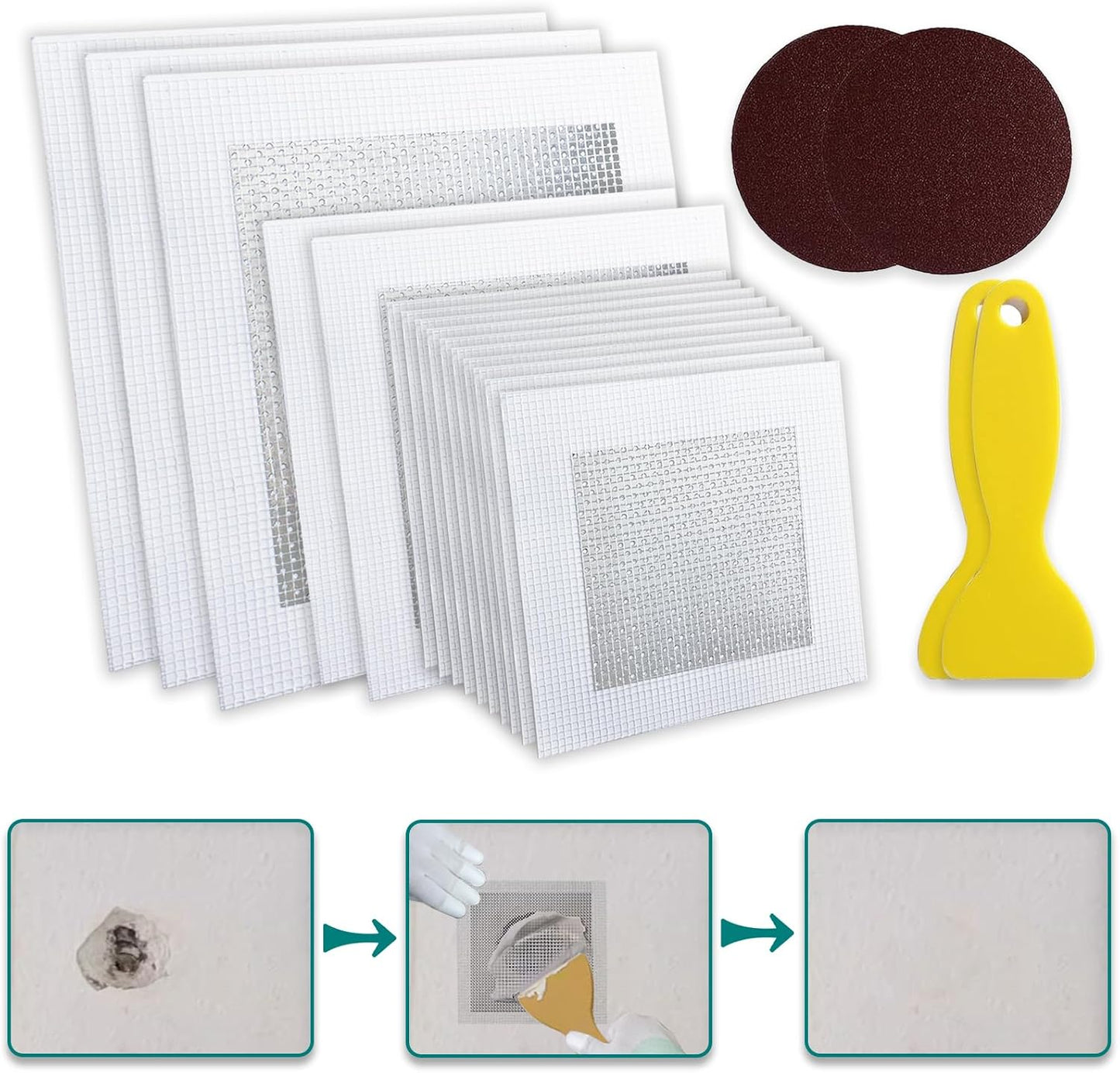 WYIRONG 10 Pack Drywall Repair Kit for Large Holes, 4/6/8 Inch Dry Wall Patch Kits for Erase a Small Nail Hole, Plaster Wall Patching Self Adhesive Aluminum Mesh with Scraper and Sandpaper