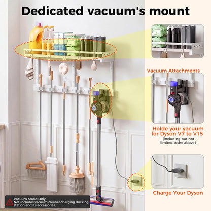 Broom Holder Wall Mount with Shelf, Black, L | 3 in 1 Broom and Mop Organizer, Wall Hanging, For Laundry, Garage, Utility, Vacuum Stand Alternative