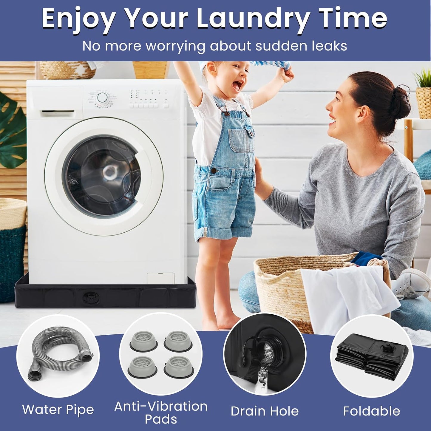 Large Washing Machine Pan with Anti-Vibration Feet 31" x 31" Foldable | Waterproof Under Washer and Dryer Drain Pan Floor Protector 4.7" Raised Edge Mat for Sudden Water Leakage Black