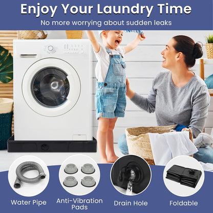 Large Washing Machine Pan with Anti-Vibration Feet 31" x 31" Foldable | Waterproof Under Washer and Dryer Drain Pan Floor Protector 4.7" Raised Edge Mat for Sudden Water Leakage Black