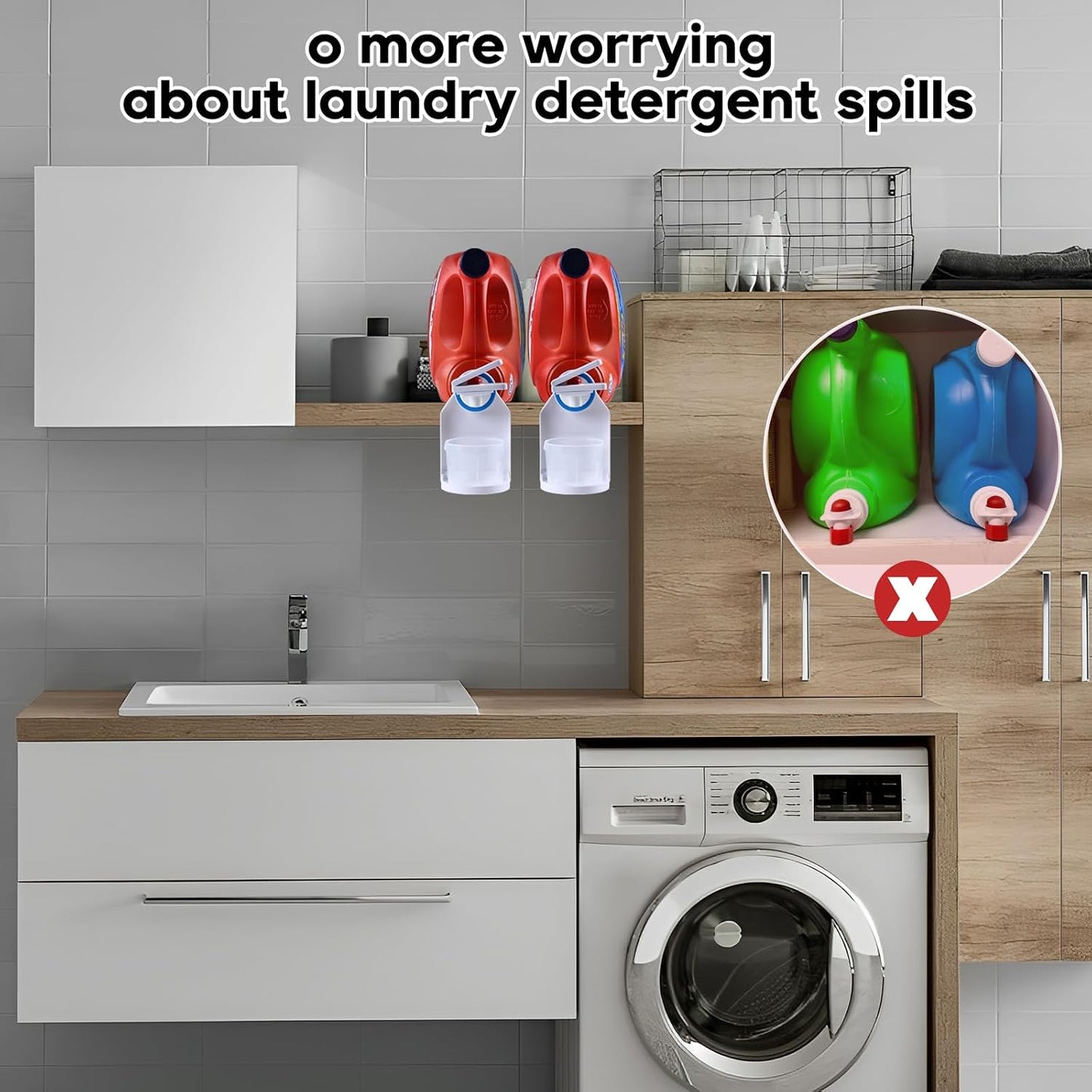 KMOUANTS 2 Pack Laundry Detergent Dispenser Cup Holder, Nozzle button upgrade，Easily No More runny or Messy Laundry Detergent, Laundry Cup Holder and drip Tray Room Organization and Storage