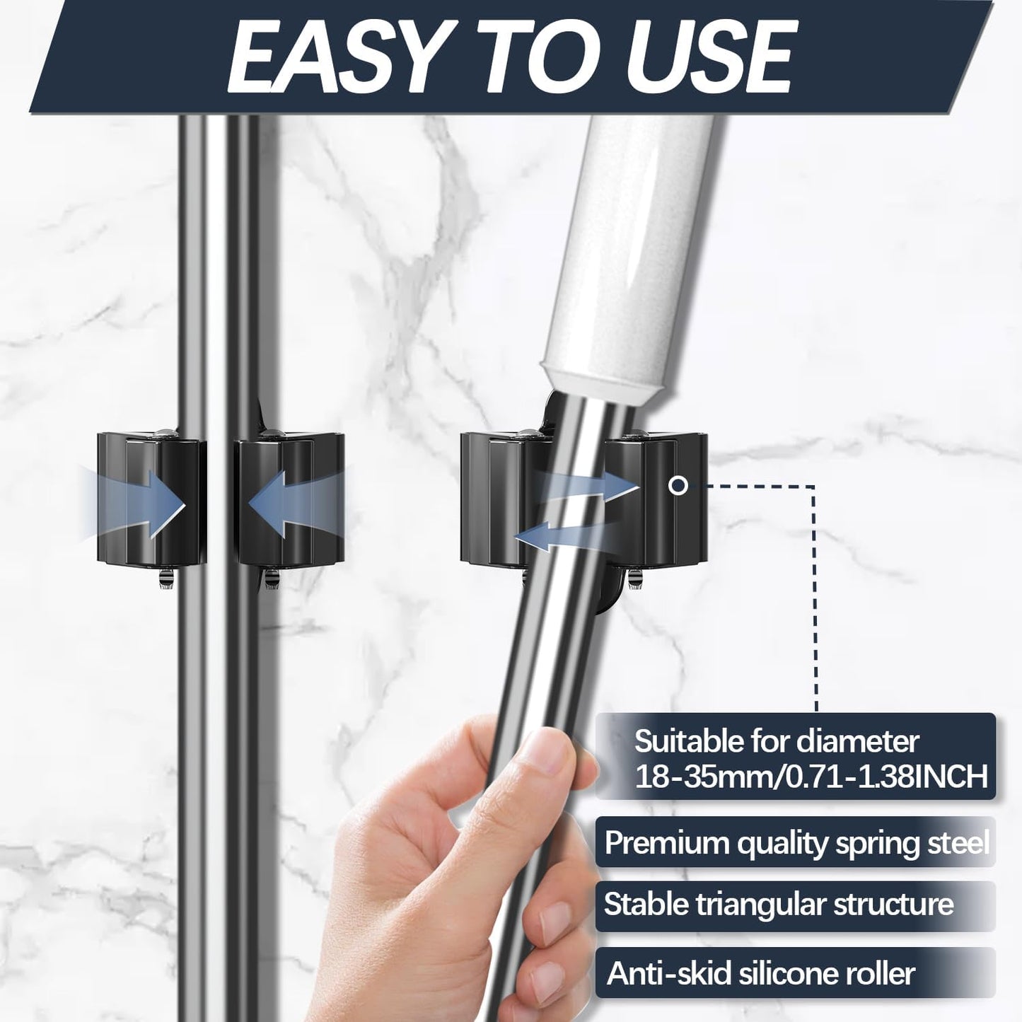 3-H Broom Holder Wall Mount 12 Pack, Heavy Duty Stainless Steel Mop and Broom Organizer Clips, Strong Grip Wall Mount Holders for Garage, Garden, Laundry Room & Utility Closet, Black