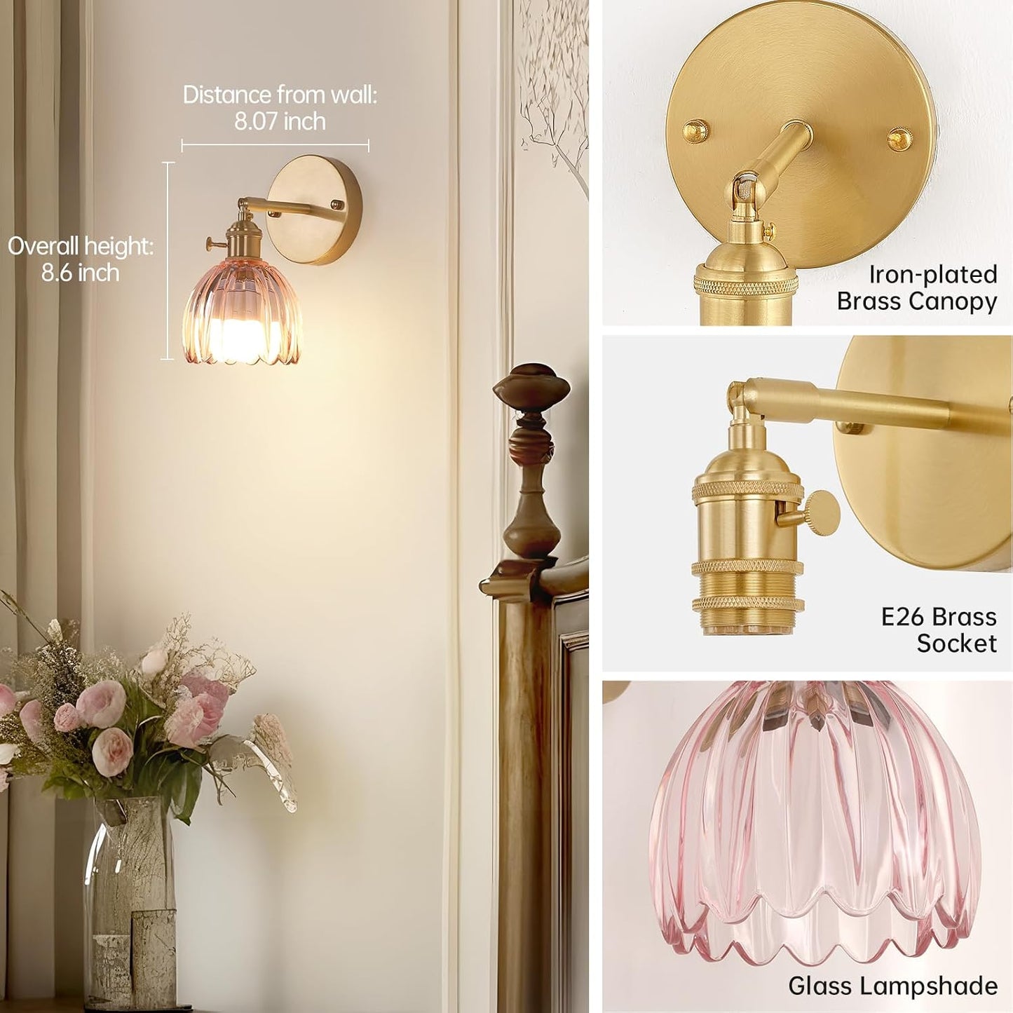 Shenmoyl Vintage Battery Operated Wall Sconce with Green Tulip Glass Lampshade Rechargeable Battery Powered Wall Light with Remote Control for Bedside Bedroom Doorway